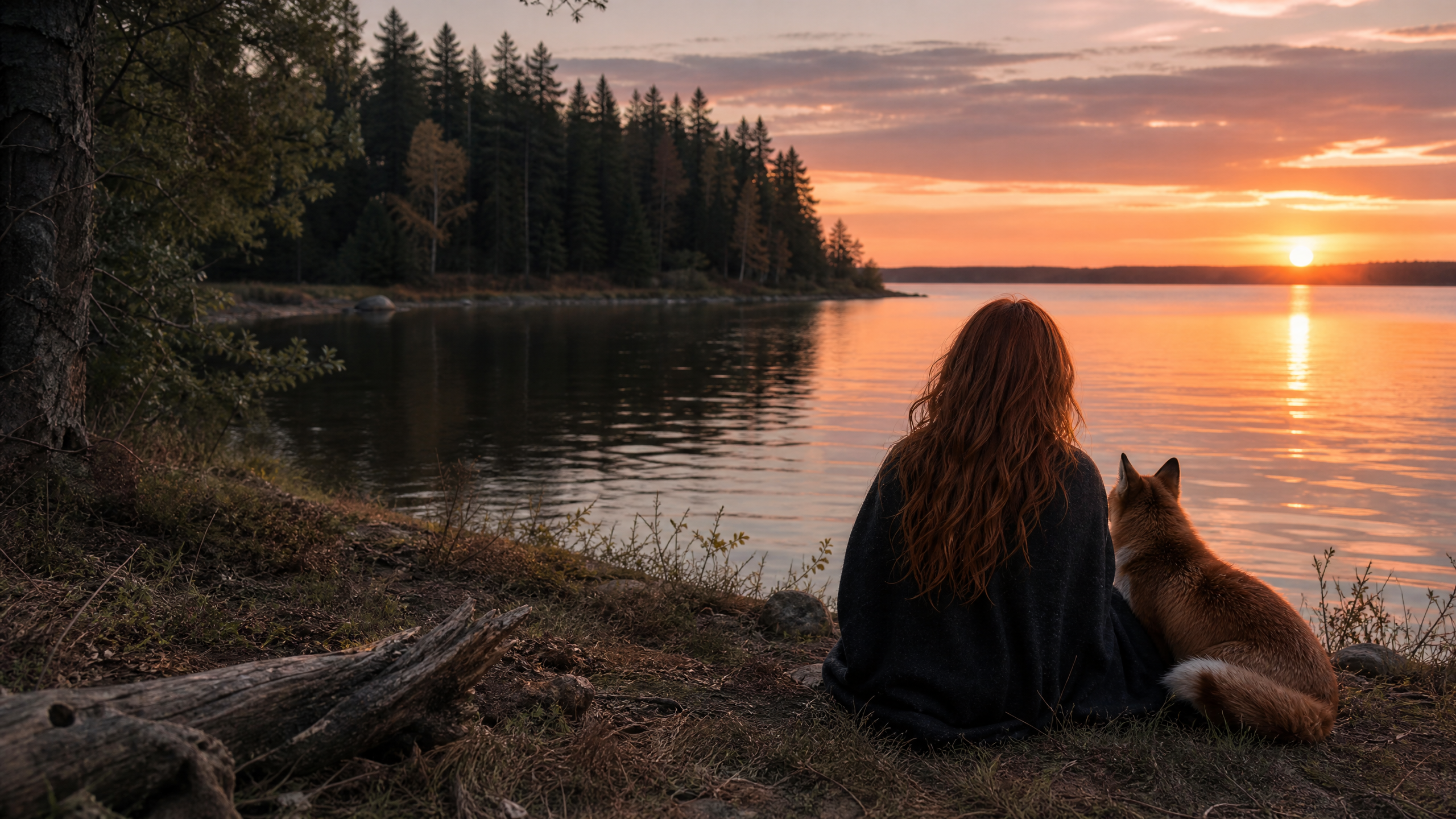 Redhead and fox Photoshopped onto a beach beside a forest.