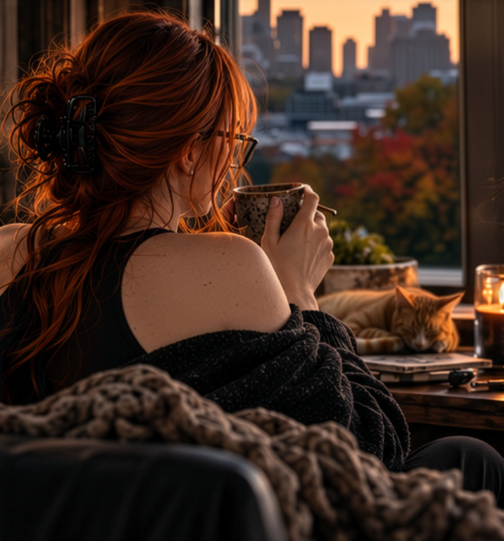 Redhead with a sleeping ginger cat, looking out the window at the Toronto skyline
