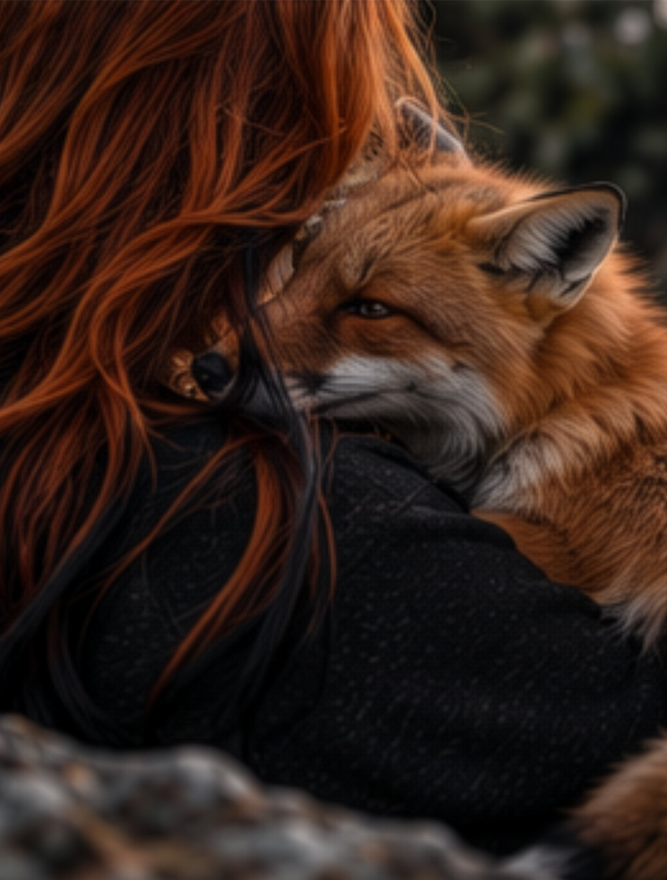 Completely Photoshopped image of a redhead holding a red fox