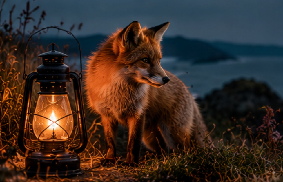 Red fox by a lantern at night.