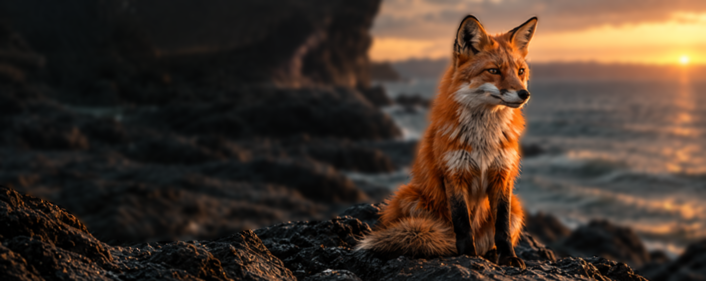 Red fox Photoshopped in front of a sunset on the beach